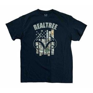 REALTREE Size XL Men’s T-shirt Black With CAMOUFLAGE Flag & Antlers  EUC